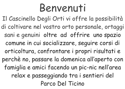 Benvenuti Il Cascinello Degli Orti vi offre la possibilità di coltivare nel vostro orto personale, ortaggi sani e genuini  oltre  ad  offrire  uno spazio comune in cui socializzare, seguire corsi di orticoltura, confrontare i propri risultati e perchè no, passare la domenica all’aperto con famiglia e amici facendo un pic-nic nell’area relax e passeggiando tra i sentieri del  Parco Del Ticino